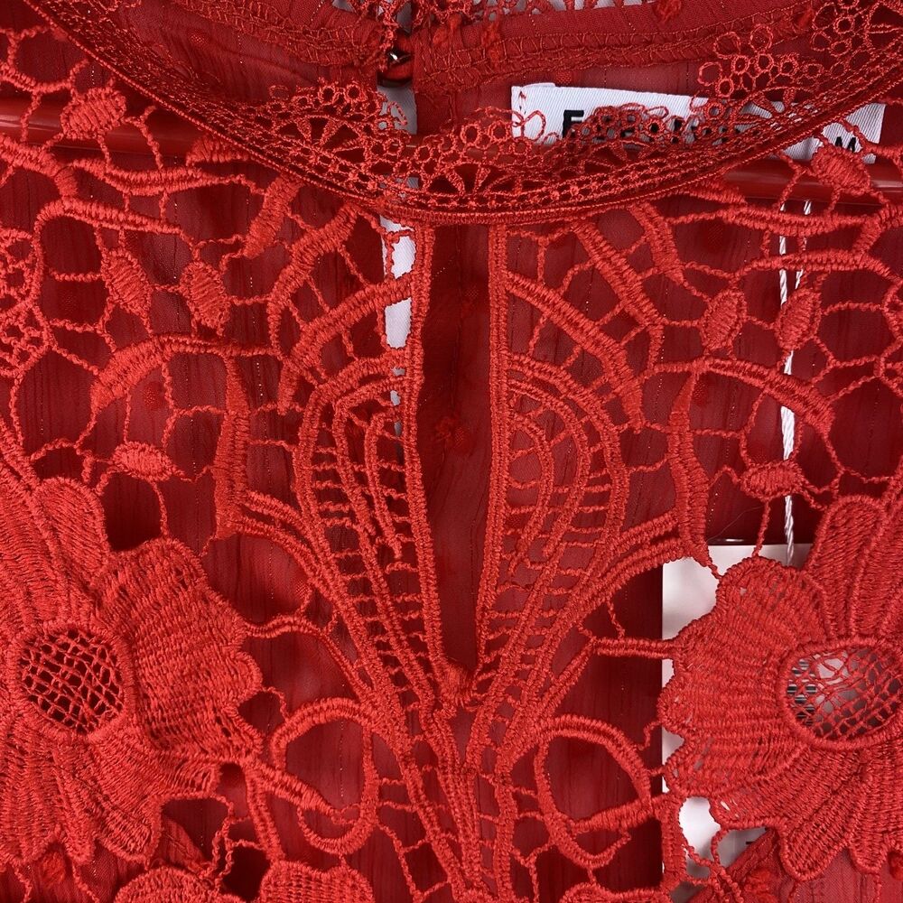 Women’s Sheer Red Lace Short Sleeve Blouse Size M - Picture 8 of 12